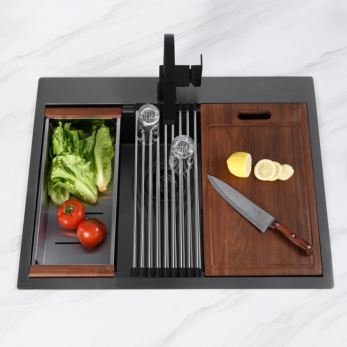 Fregadero de cocina de acero inoxidable hecho a mano de doble montaje con montaje superior UPC Gunmetal Black con repisa