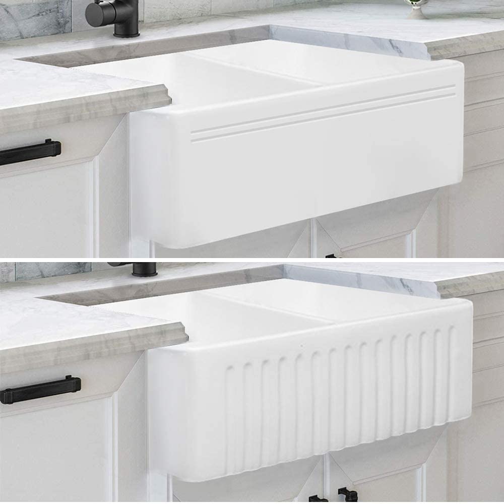 Fregadero de cocina reversible de 33 pulgadas de arcilla refractaria blanca con doble lavabo con 2 rejillas de acero inoxidable y 2 desagües